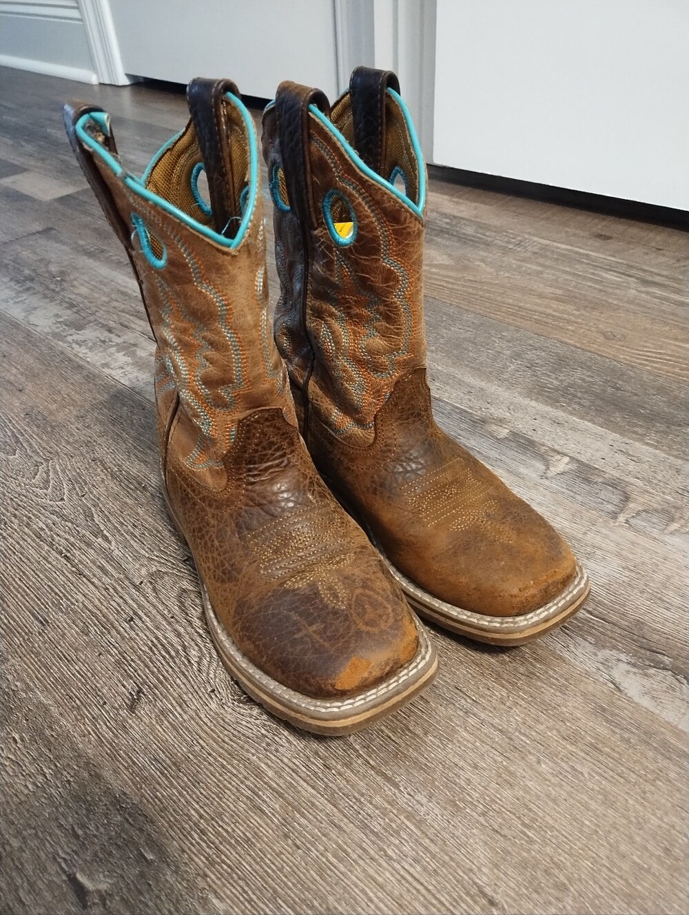 Kids Brown Leather Western Pull-On Boots with Turquoise Trim